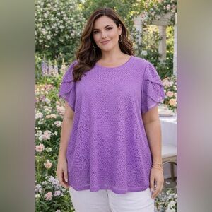 Liz Claiborne 2X Purple Lace Blouse Flutter Sleeve Lined Top Plus Size